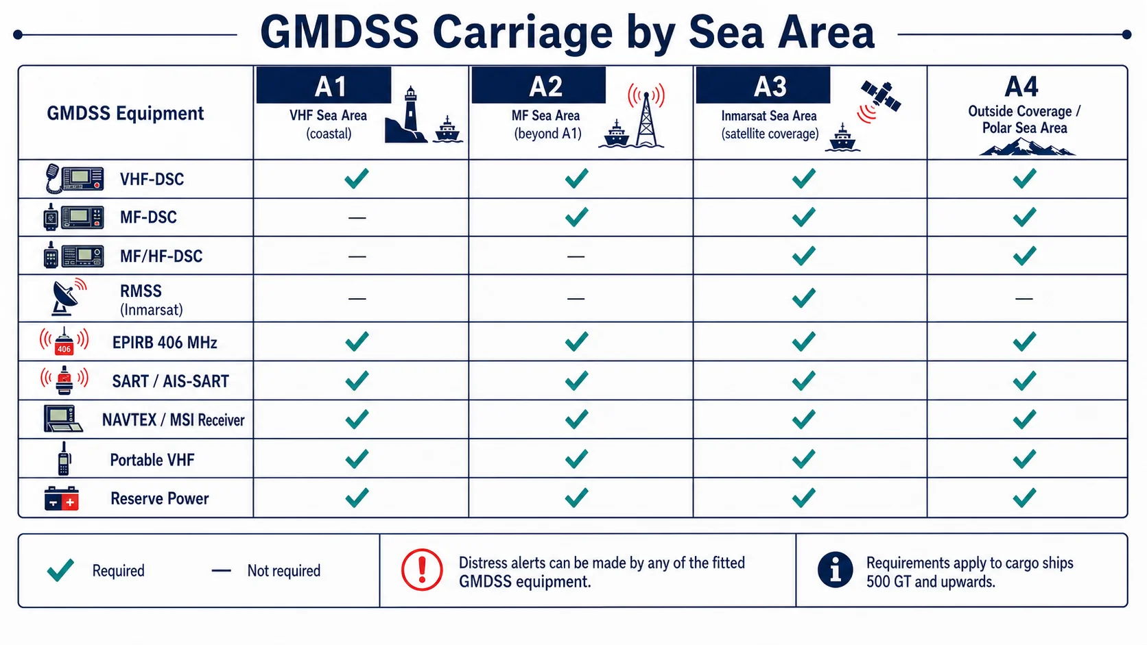 Matriu visual dels equips GMDSS exigits per SOLAS a cada zona A1/A2/A3/A4, amb ticks per cada obligació