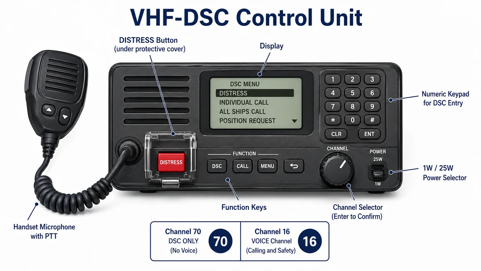 Typical anatomy of a VHF-DSC control unit