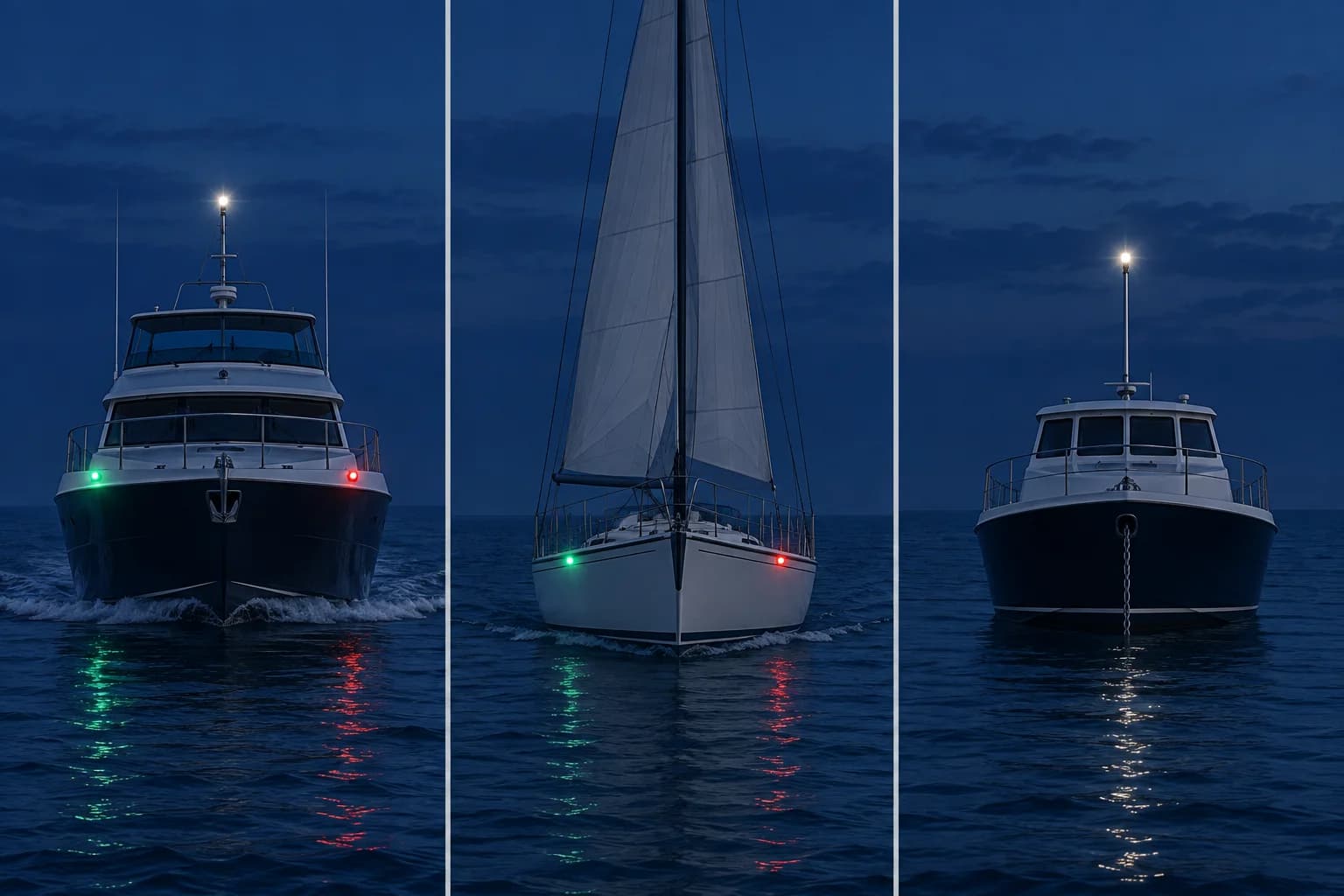 Bow views at night: a power-driven vessel underway, a sailing vessel and a vessel at anchor.