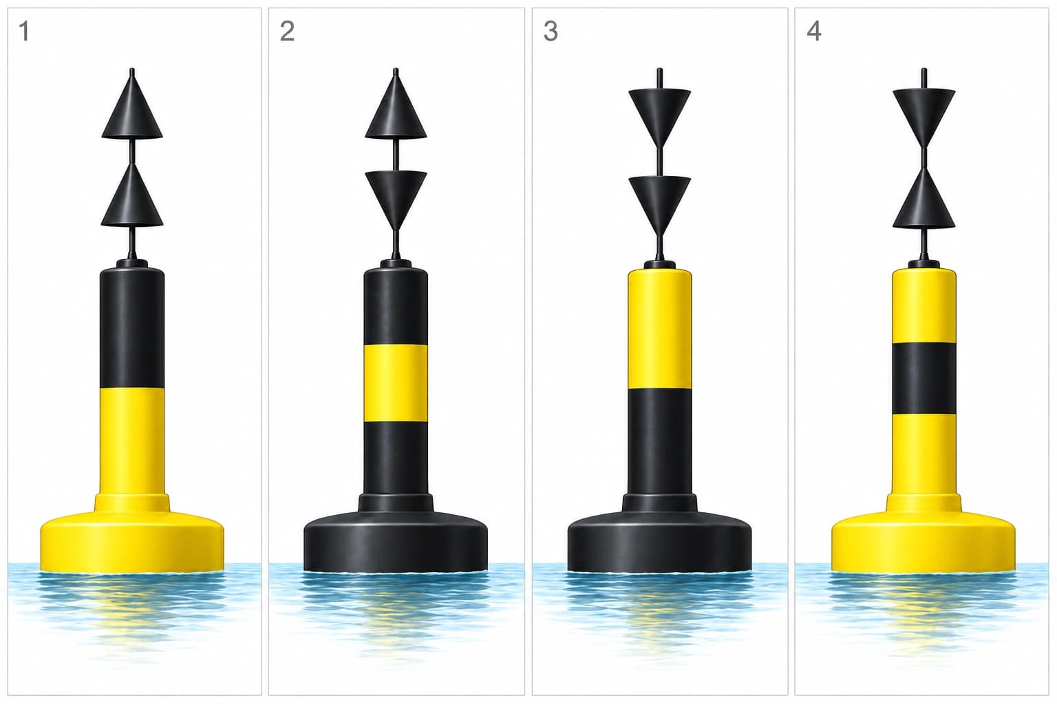 Cardinal marks: 1 north, 2 east, 3 south, 4 west. Colours and separated cone topmarks indicate the side on which to pass.